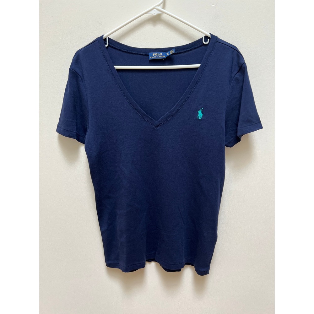Polo Ralph Lauren T-Shirt Women XL Navy Blue V-Neck Turquoise Logo Short Sleeve